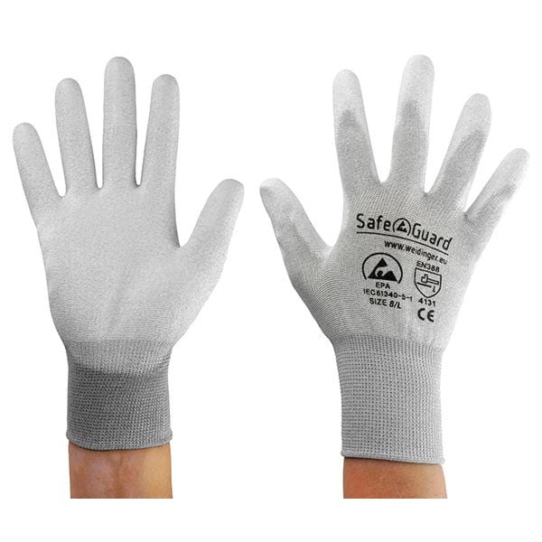 SafeGuard ESD-Handschuh grau/hellgrau, beschichtete Handflächen Nylon/Carbon Größe L, VE: 12 Paar, DSWL39623