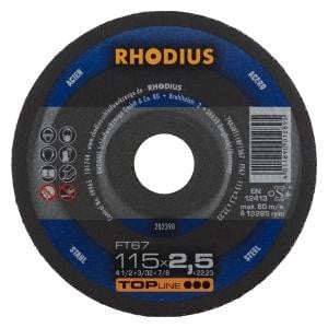 Rhodius TOPline FT67 Freihandtrennscheibe, Durchmesser [mm]: 115, Stärke [mm]: 2.5, Bohrung [mm]: 22.23, VE: 25 Stück, 202390