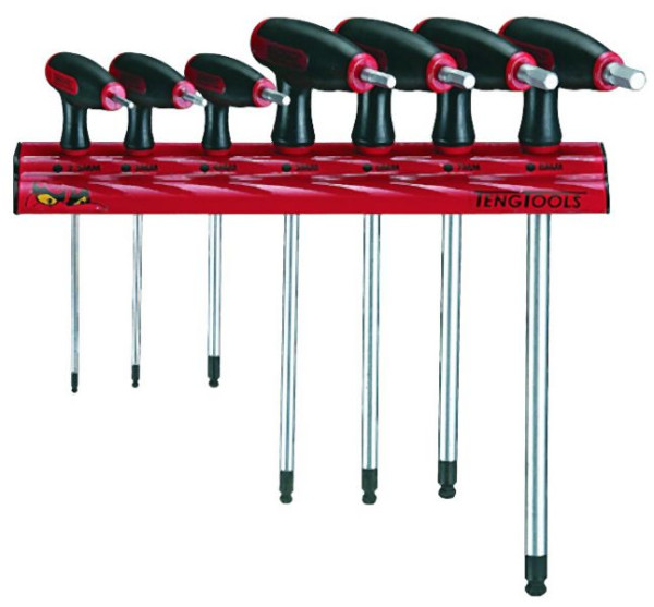 Teng Tools Set mit T-Griff-Kugelspitzen-Sechskantschlüsseln, Wandhalterung, 7 Teile, WRHEX07