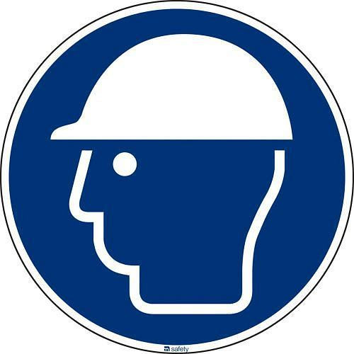 DENIOS Gebotsschild "Kopfschutz benutzen", ISO 7010, Aluminium, 300 mm, VE: 5 Stück, 266782