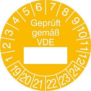 SafetyMarking Prüfplakette - mit Jahresfarbe, Geprüft gemäß VDE, Prüfzeitraum: 19-24, Ø 2,5 cm, Folie, selbstklebend, VE: 500 Stück/Rolle, 31.0807-19-24