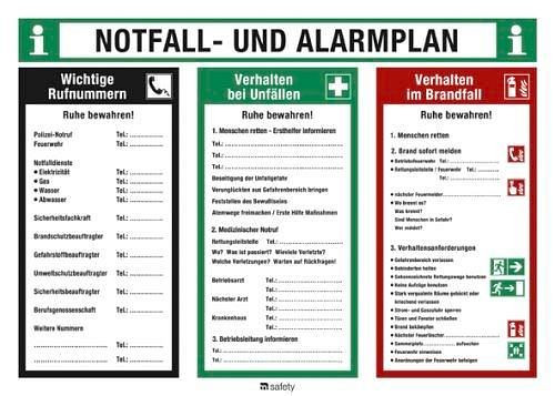 DENIOS Sicherheitsaushang Notfall- und Alarmplan, Kunststoff, 700 x 500 mm, 210098