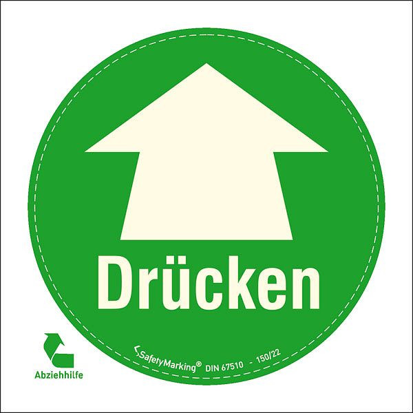 SafetyMarking Fluchtweg-Detailmarkierung, Türschild, Motiv: Drücken + Pfeil, einseitig bedruckt, Ø 10 cm, Folie, selbstklebend, langnachleuchtend, 38.4960