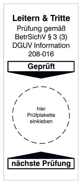 SafetyMarking Grundplakette, Geprüft gemäß BetrSichV §3 (3), DGUV Information 208-016, BxH 4x9,5 cm, Folie, selbstklebend, VE: 4 Stück/Bogen, 30.C5101