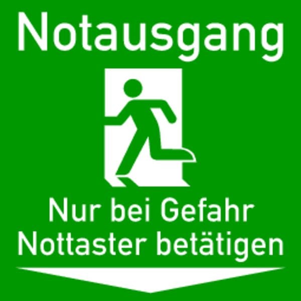 Schilder Klar Notausgang Nur bei Gefahr Nottaster betätigen, 150x150 mm Folie selbstklebend, langnachleuchtend, 2998/86