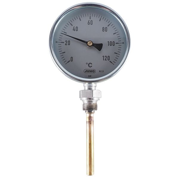 JUMO Bimetallthermometer, Klasse 1,5, Anzeigebereich 0 bis 120°C, Einbaulänge 100 mm, Stahl Schutzrohr, 80000103