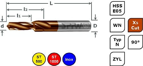 SPPW Kurzstufenbohrer HSS-E05+X5Cut 90° L: 107x29x54 Ø10,2x14 M12, 1235671200