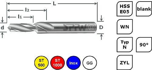 SPPW Stufenbohrer HSS-E05 90° L: 95x24x47 Ø8,5x11 - M10, 1235601000