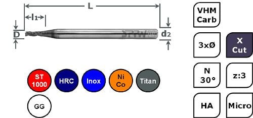 SPPW Micro-Bohrnutenfräser VHM+X.Cut 3xØ L: 39x5,0 z:3 d3 Ø1,8, 6785330180