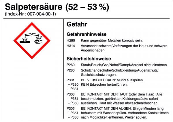 SafetyMarking Gefahrstoffetikett, G017: Salpetersäure (52-53%), für Behälter bis 3 Liter, 10,5x7,4 cm, Folie, selbstklebend, 21.B1200-G017