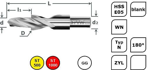 SPPW Kurzstufenbohrer HSS-E05 180° L: 45x7 Ø2,9x5,0 - M2,5, 1234100250