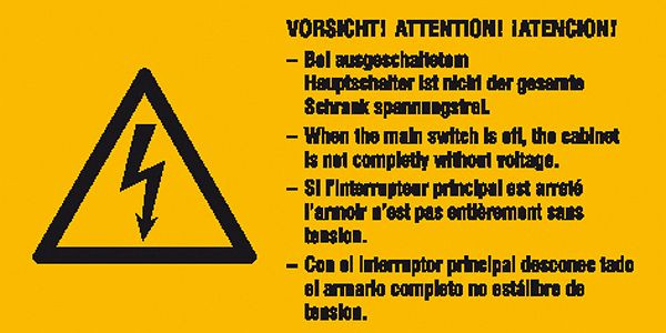 SafetyMarking Vorsicht! Bei ausgeschaltetem Hauptschalter ist nicht der gesamte Schrank spannungsfrei, 14,8x7,4 cm, Folie, selbstklebend, 21.0654