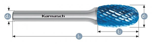 Karnasch Hartmetall-Frässtift Blue-Tec beschichtet TRE/ HP-3 d1= 12,0 / l2= 22 / d2= 8 / l1= 67mm, VE: 2 Stück, 115041040