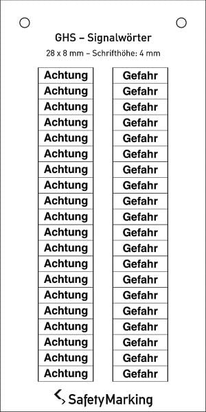 SafetyMarking GHS-Signalwörter, 20 x Achtung, 20 x Gefahr, BxH 2,8x0,8 cm, Folie, selbstklebend, VE: 40 Stück/Bogen, 30.3560