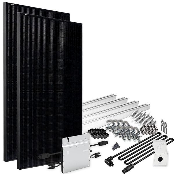 Offgridtec Solar-Direct 860W HM-800 Balkonkraftwerk Full Black Einspeisesteckdose - 5m - Montageset für Balkongeländer, 4-01-016030-049