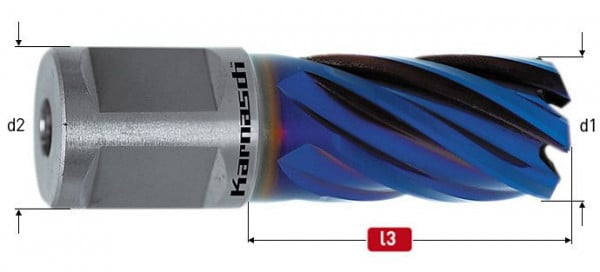 Karnasch Pulverstahl+DURABLUE-beschichteter Kernbohrer, Weldonschaft 19mm, Nutzlänge 30mm, Blue-Line30 PRO / Blue-Line-Rail30 PRO d=32mm, 201284032