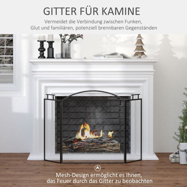 HOMCOM Kaminschutzgitter Funkenschutzgitter mit Netz Eisengitter Kaminschirm zusammengefaltet dreiteilige Design Metall Schwarz 128 x 2 x 76,5 cm, 820-243