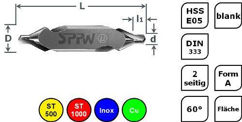 SPPW Zentrierbohrer HSS-E05 DIN333 A Fläche - 1,60x4,00, VE: 10 Stück, 1232900160