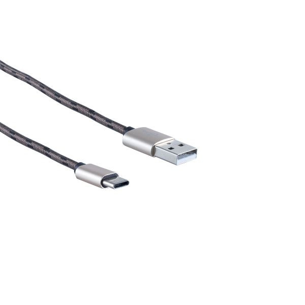 S-Conn USB Ladekabel, USB-A-Stecker auf USB Typ C Stecker, Nylon, braun, 0,3m, 14-50077