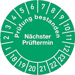 Moedel Prüfplakette Prüfung bestanden... 2018 - 2023, Folie, Ø 30 mm, VE: 10 Stück/Bogen, 55086