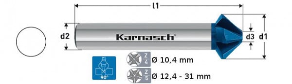 Karnasch Kegelsenker 90°, VHM Blue-Tec beschichtet zylindrischer Schaft, Werksnorn Typ H 5-Schneiden d=31,0mm, 4030450310