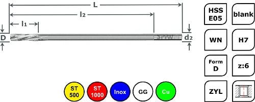 SPPW Maschinenreibahle HSS-E05 WN D L: 65x45x15 Ø1,5 H7, 5131200150