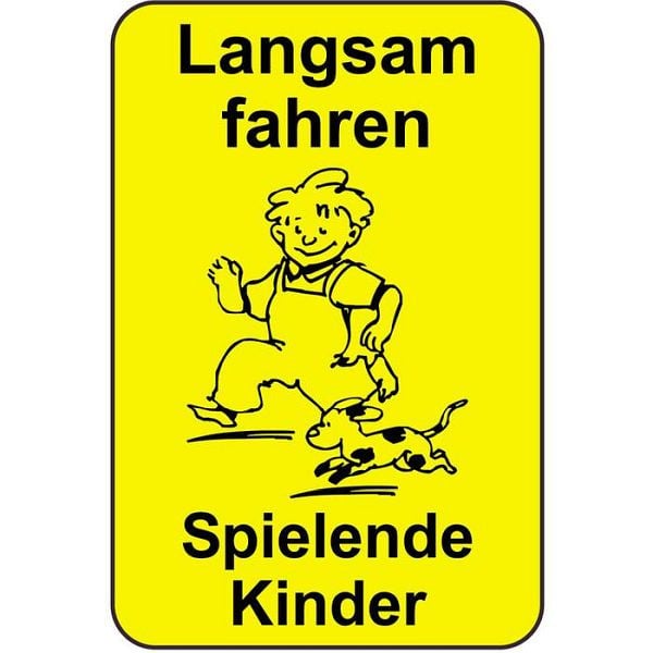 Stein HGS Kinderhinweisschild/Verkehrszeichen Langsam fahren Spielende Kinder, 500x750mm, Grund: gelb lackiert, 14792