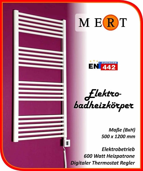 MERT Elektro-Badheizkörper weiß, gerade, 500 x 1200 mm, befüllt, E1-50x120-B