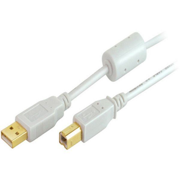 S-Conn USB Kabel, Typ A Stecker mit Ferrit auf Typ B Stecker, HIGH SPEED, vergoldete Kontakte, USB 2.0, weiß, 5,0m, 77025-WF