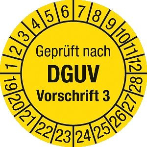 Moedel Prüfplakette Geprüft nach DGUV Vorschrift 3, 2019-2028, Folie, Ø 20 mm, VE: 10 Stück/Bogen, 94047