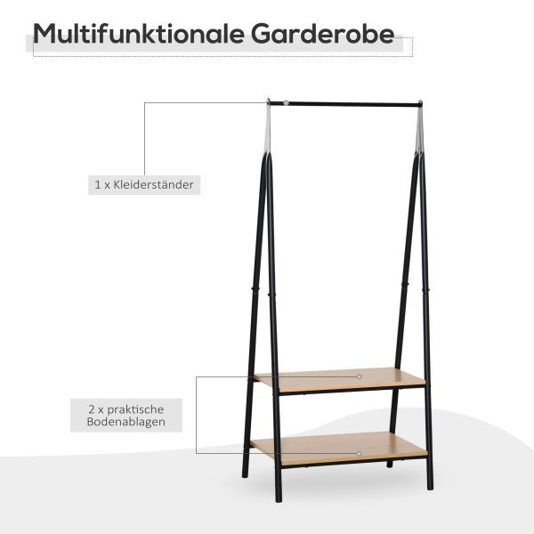 HOMCOM Gaderobenständer Kleiderständer Kleiderstange mit Schuhablage Wäscheständer Metall + Holz Schwarz + Natur 64 x 42,5 x 149 cm, 850-096