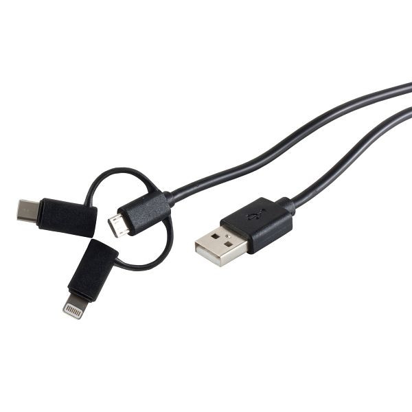 S-Conn USB Lade-Sync Kabel 3in1, USB A Stecker auf USB Micro B + USB Typ C + Lightning Stecker 1m, 14-15025