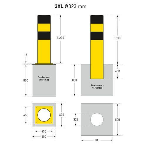 Moravia Rammschutz-Poller-3XL, feuerverzinkt, beschichtet, schwarze Streifen, zum Einbetonieren, Ø: 323 mm, 311075