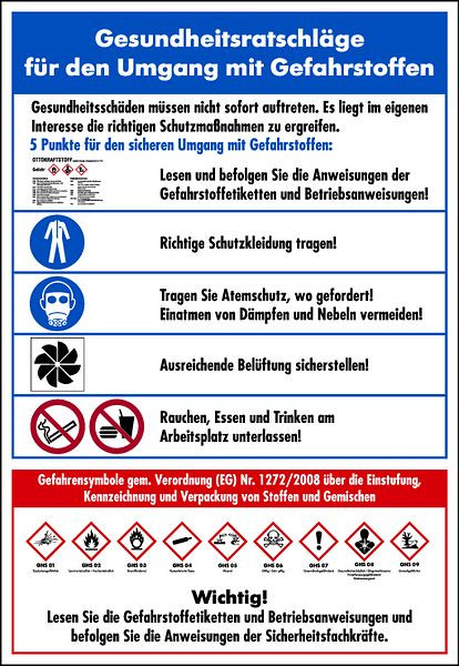 Schilder Klar Aushang Gesundheitsratschläge nach GHS, 410x595x1.5 mm Kunststoff, 1137/72