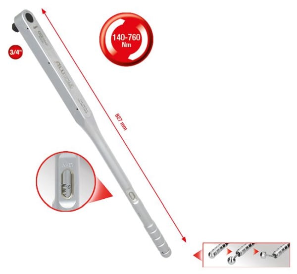 KS Tools 3/4"ALUTORQUEprecision-Drehmomentschlüssel, 140-760Nm, Rechtsanzug, Einzelvierkant, 516.5045