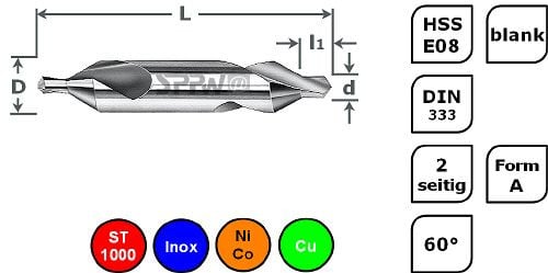 SPPW Zentrierbohrer HSS-E08 DIN333 Form A - 1,00x3,15, 1233300100