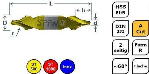 SPPW Zentrierbohrer HSS-E05+A.Cut DIN333 R Fläche - 1,60x4,00, VE: 10 Stück, 1232860160