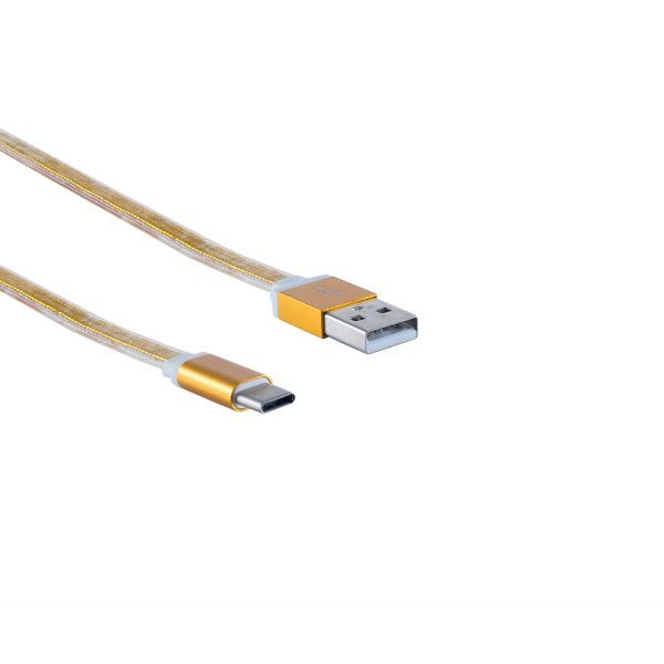 S-Conn USB Ladekabel, USB-A-Stecker auf USB Typ C Stecker, flach, ALU gold, 0,9m, 14-50054