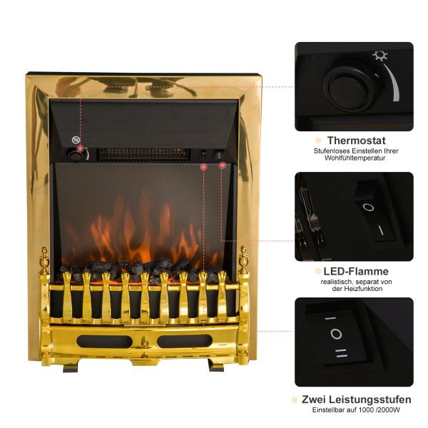 HOMCOM Elektrokamin Kamin Kaminofen Elektrischer Wandkamin Flammeneffekt 1000/2000W 48,2 x 18,5 x 59,2 cm Gold, 820-043