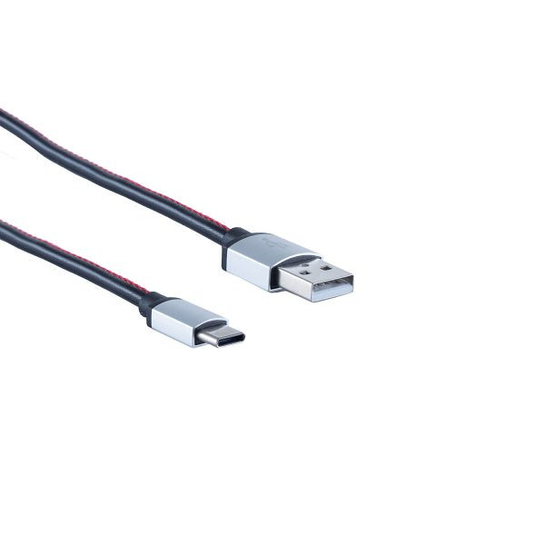 S-Conn USB Ladekabel, USB-A-Stecker auf USB Typ C Stecker, Leder, schwarz, 0,9m, 14-50099