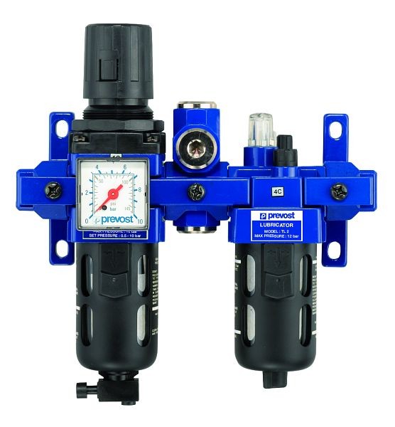 Prevost ALTO 2- Doppelblock- Filterregler mit Manometer, Öler, Wandbefestigungsset und Zwischenstück für ungeölte Luft, IG BSPP=G 3/8, 1250 Nm3/h, TB SME2