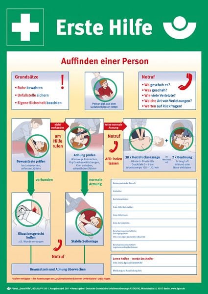 SafetyMarking Aushang - Erste Hilfe, Anleitung zur Ersten Hilfe bei Unfällen, BxH 40x56 cm, Kunststoff (PVC-Hartschaumplatte), 43.2914