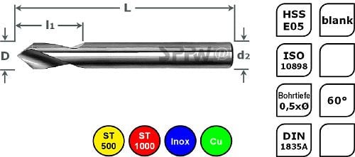 SPPW NC-Anbohrer HSS-E05 60° ISO L: 102x30 - Ø12,0, 1236401200