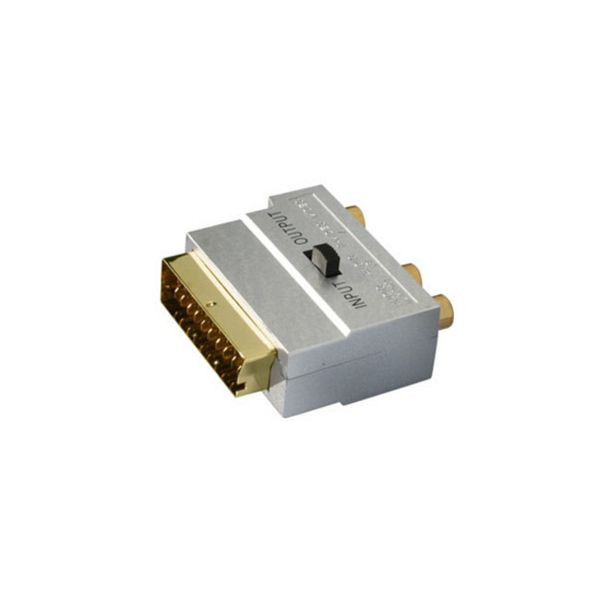 S-Conn Scart-Adapter mit 3 Cinchkupplungen auf 4-pol MINI DIN-Kupplung, IN / OUT mit Schalter, High Quality, metallisiertes Gehäuse, 94035-HQ