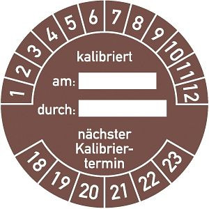 Moedel Prüfplakette kalibriert am: durch: 2018 - 2023, Folie, Ø 40 mm, VE: 10 Stück/Bogen, 55192