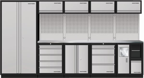 Kraftwerk 5-Element-Schrankwand mit Vierkantlochwand, Edelstahl-Arbeitsplatte, 3964HIX