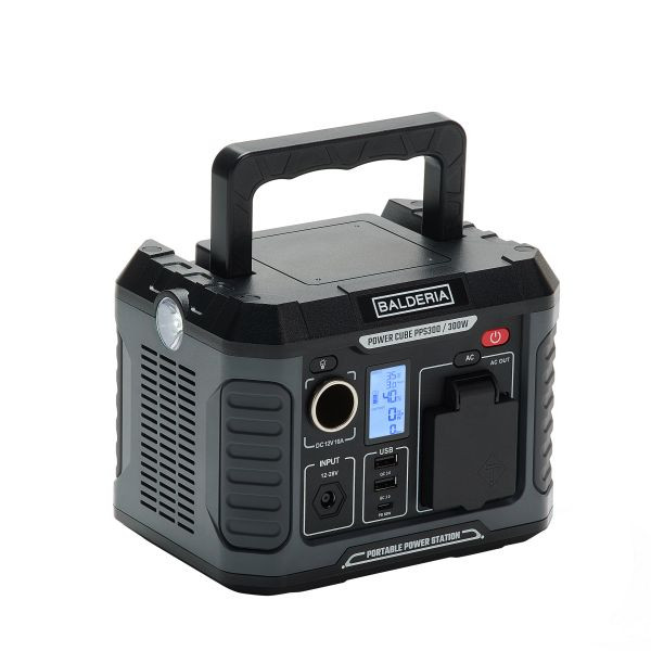 BALDERIA Power Cube PPS300: Tragbare Powerstation/Mobiler Stromspeicher/Stromerzeuger, 300W, 231Wh, Steckdose 230V, USB, Flashlight, LCD-Display, PPS300