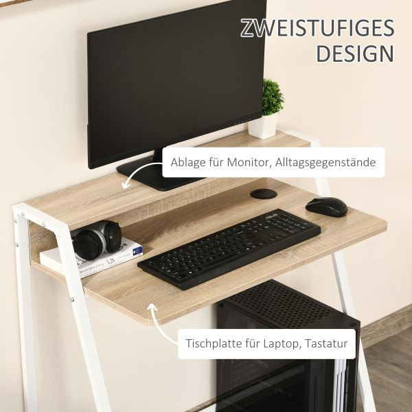 HOMCOM Schreibtisch Computertisch Bürotisch Arbeitstisch mit Ablagefach Kabeldurchlass Metall Weiß+Eiche 84 x 45 x 85 cm, 836-055AK