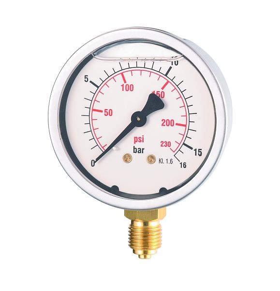 Prevost Rundes Manometer für Glyzerinbad Ø 65 mm senkrecht, Skalenteilung=0-16 , Befestigung AG BSPP=G 1/4, Gehäuse und Ring aus Edelstahl, MT GA1365