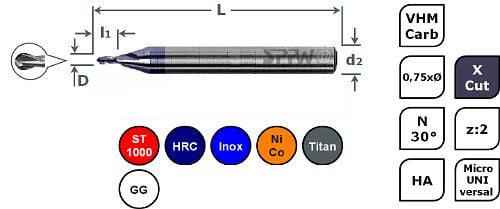SPPW Micro-Radiusfräser VHM+X.Cut 0,75xØ L: 39x0,25 z:2 d3 Ø0,30, 6785210030